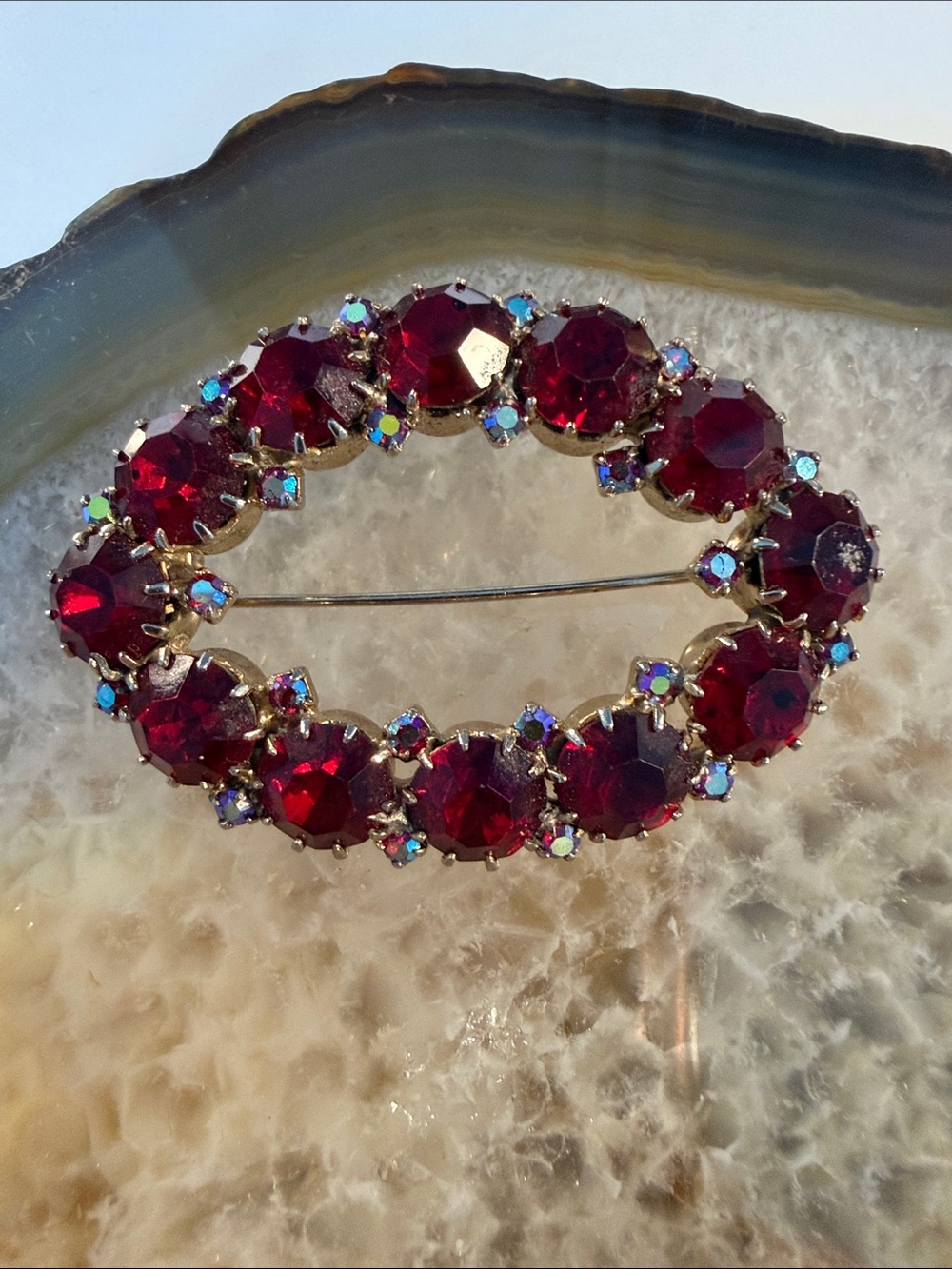 Vintage Red Oval Brooch with AB Rhinestones - appx 2” x 1.5”